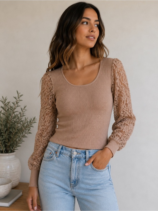 Absolutely Famous Tops - Absolutely Famous‎ Taupe Ribbed Knit Top Sheer Lace Balloon Sleeves Size M
